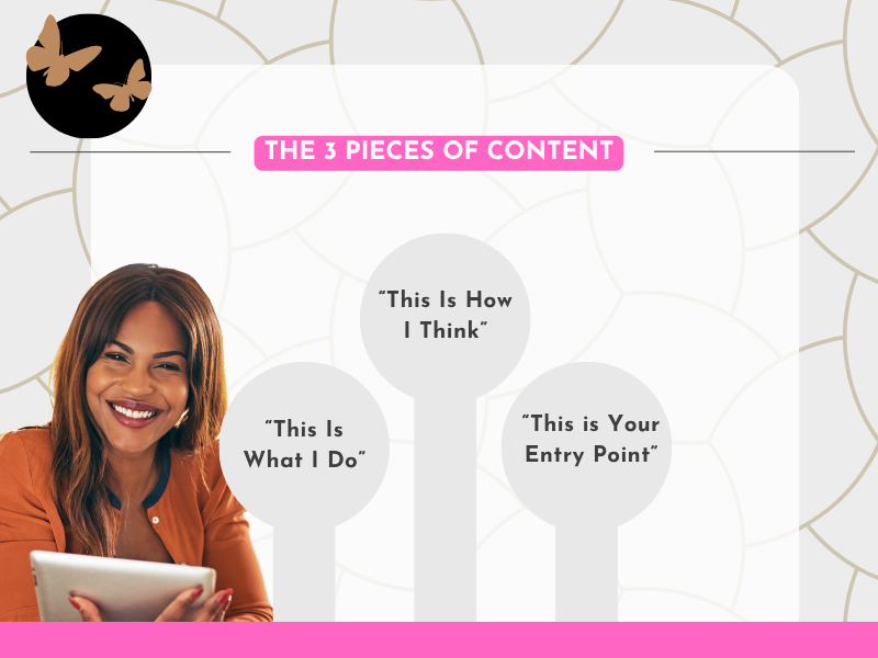 A graphic showing a smiling woman holding a laptop on the left, with speech bubbles on the right containing short marketing phrases. A pink banner at the top reads “MARKETING FOR COACHES,” and a pink bar runs along the bottom of the image.